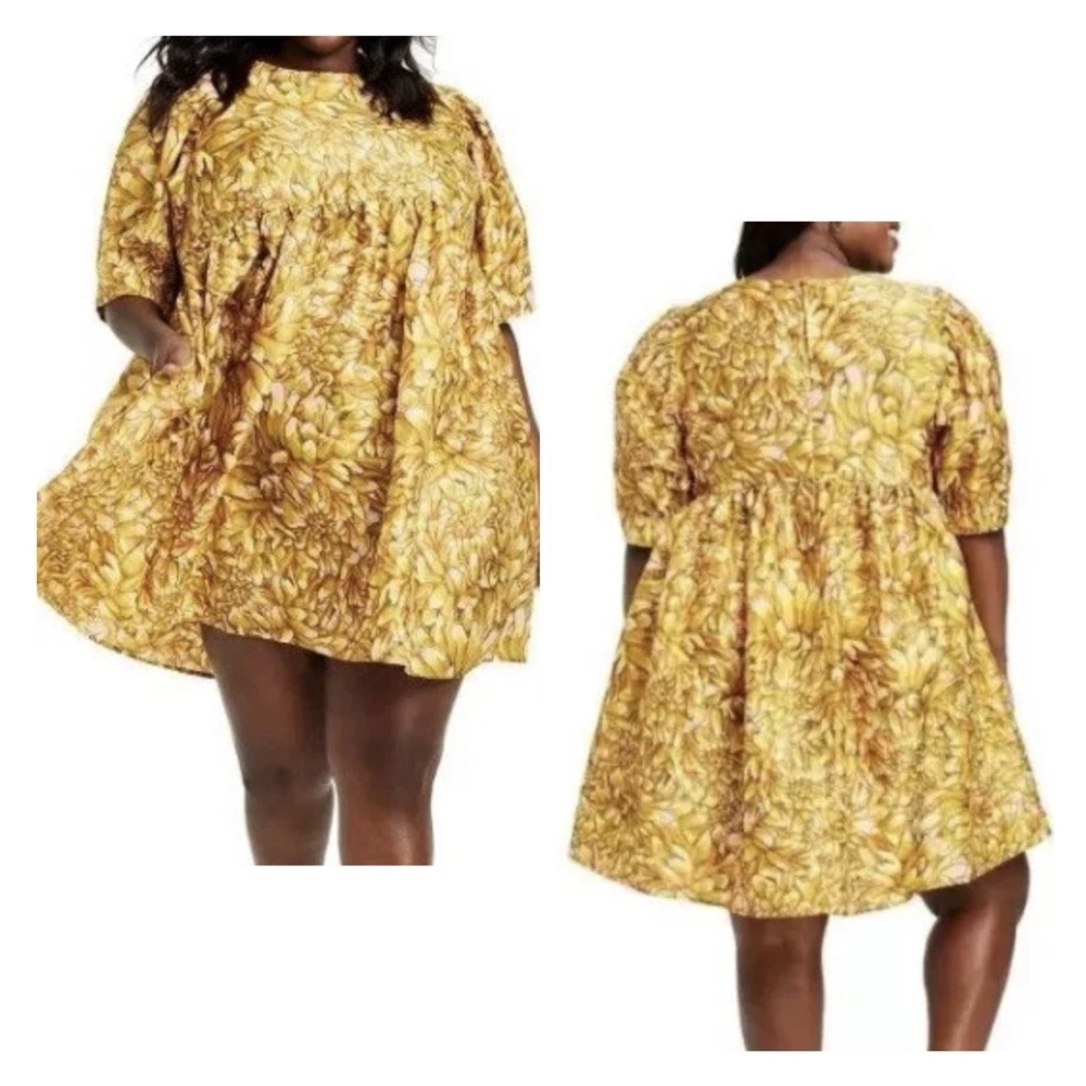 Kika Vargas x Target Floral Babydoll Dress 3X Yellow Puff Sleeve Pockets NWT